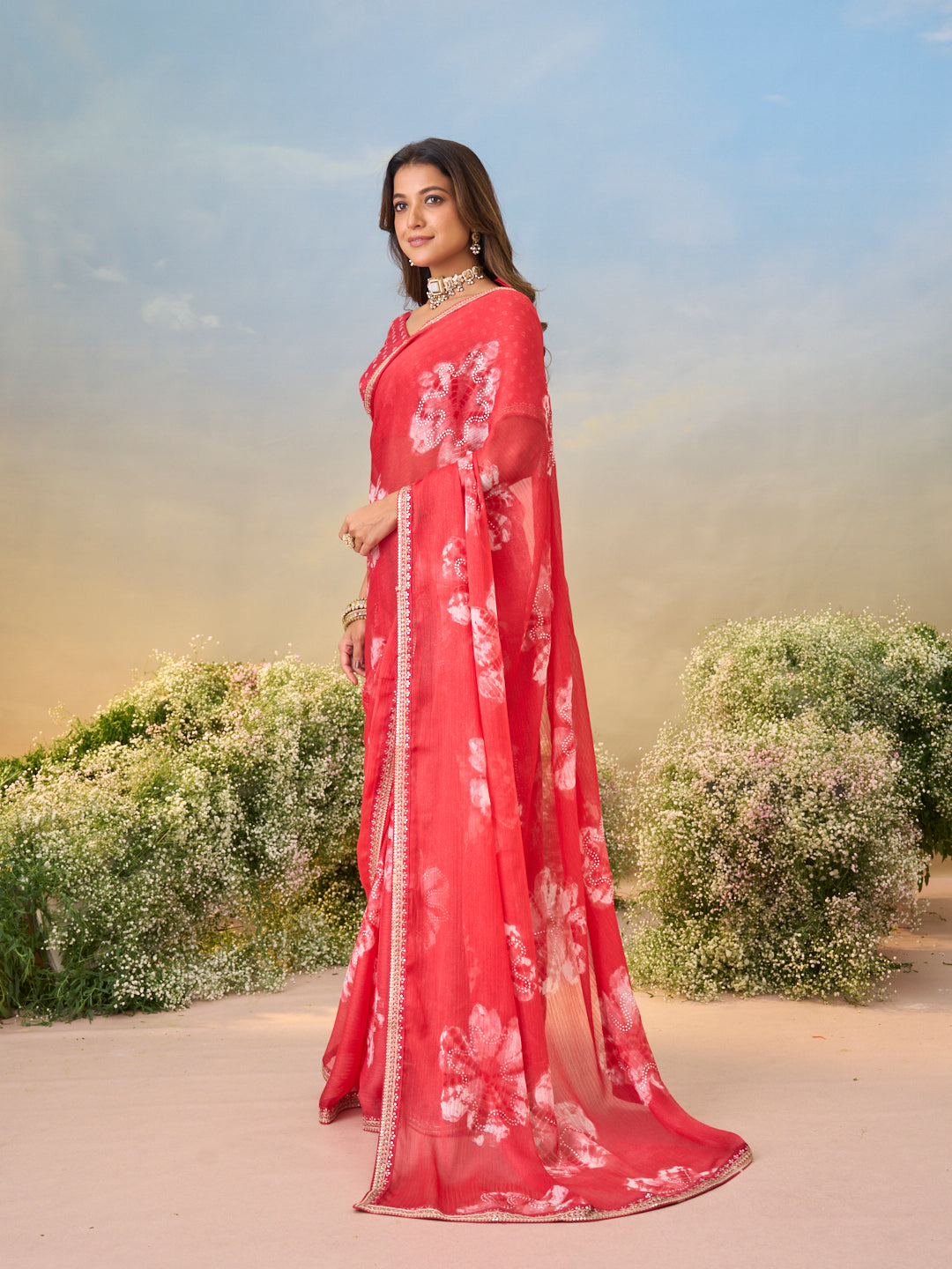 Laxmipati Anaya Red Chiffon Saree with Floral Prints