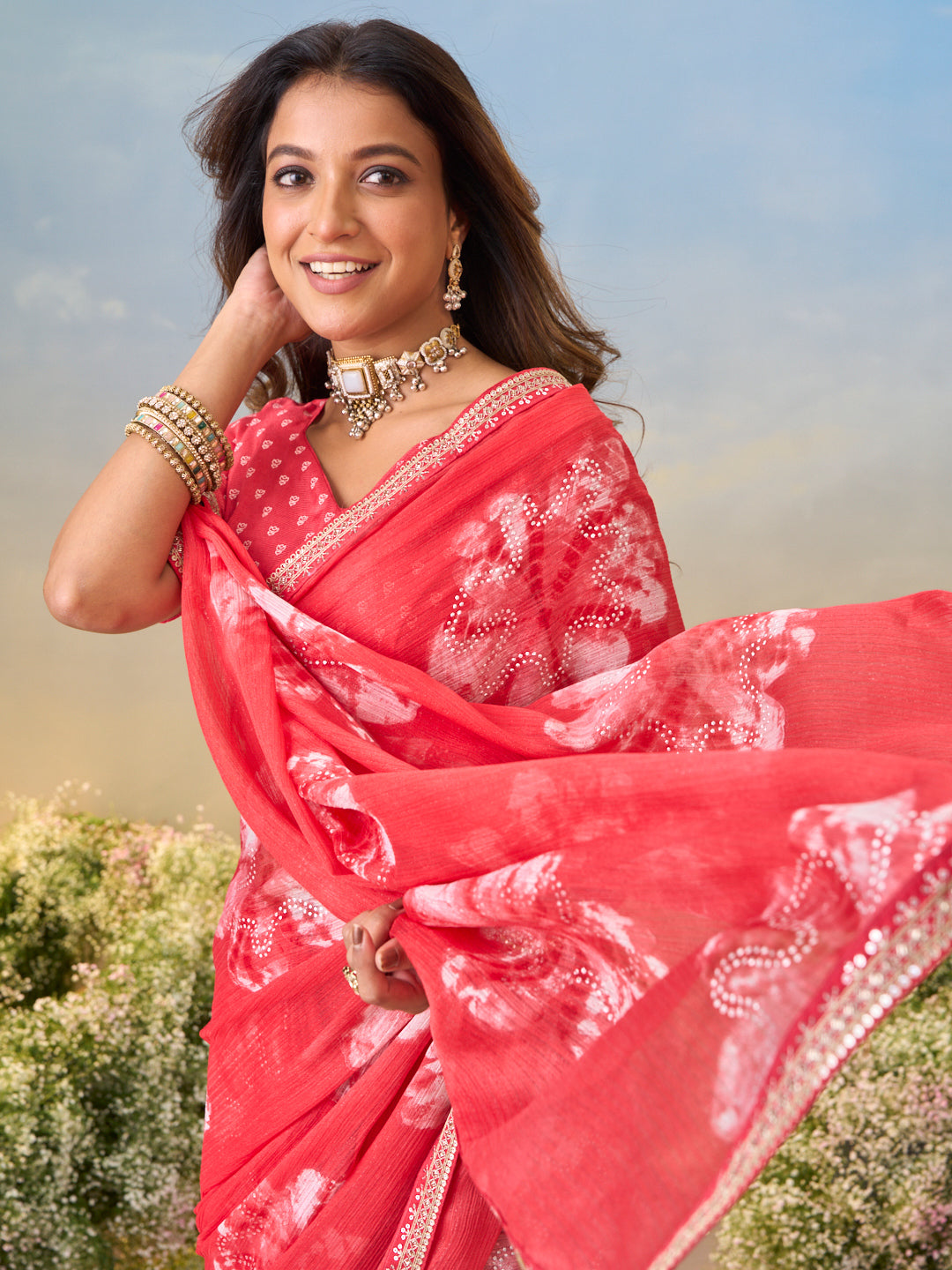 Laxmipati Anaya Red Chiffon Saree with Floral Prints