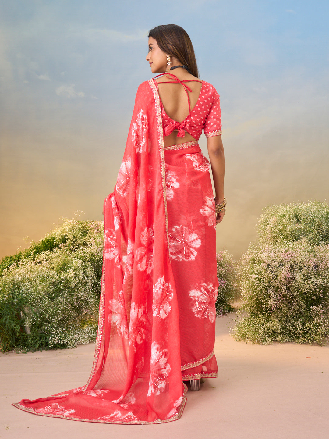 Laxmipati Anaya Red Chiffon Saree with Floral Prints
