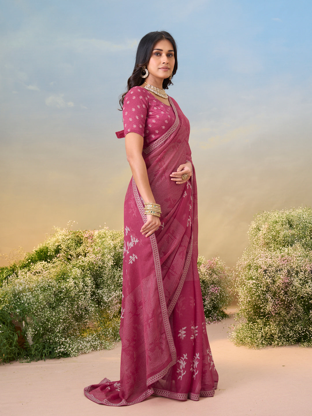 Laxmipati Anaya Wine Floral Printed Saree with Foil Work