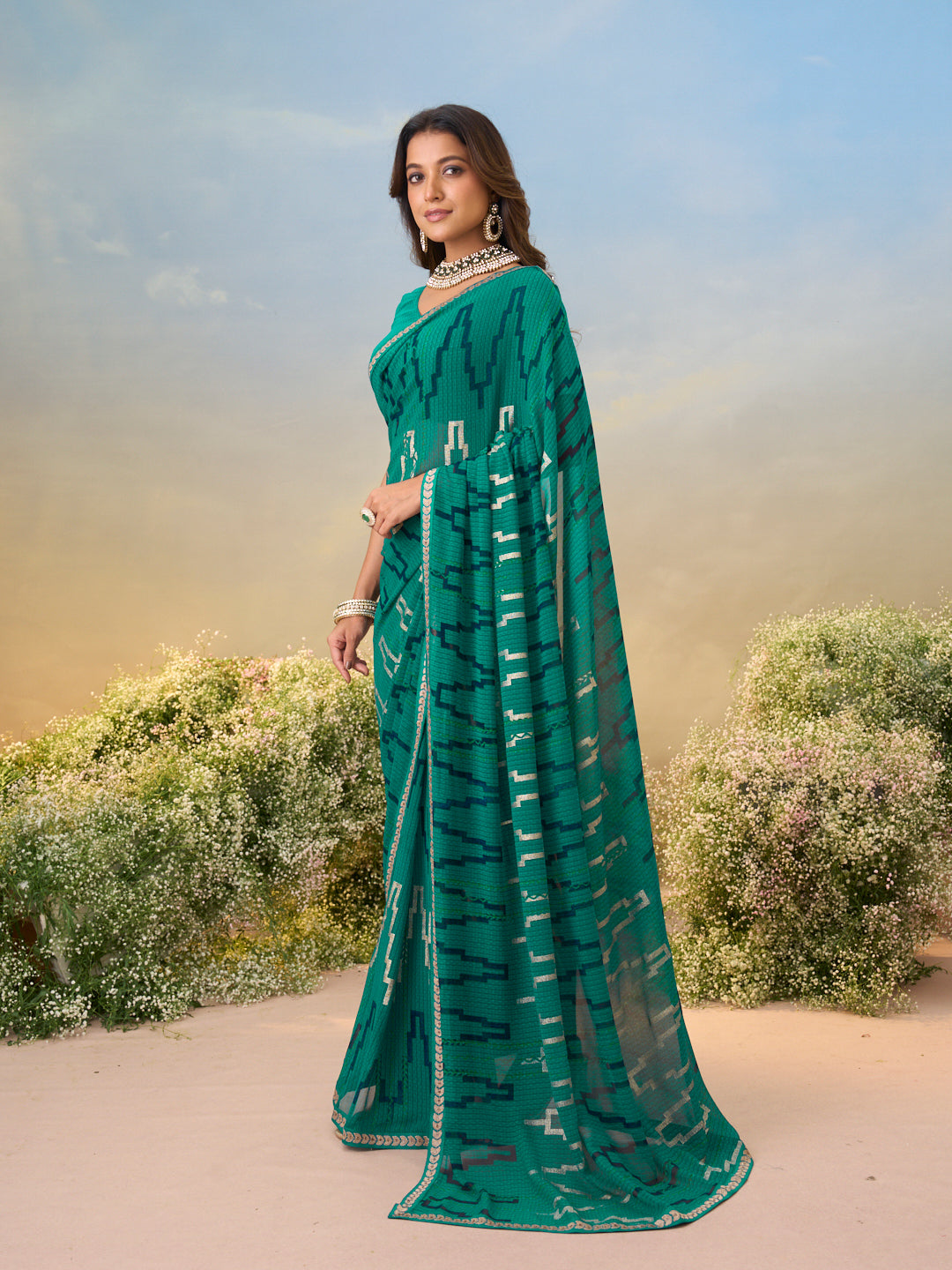 Laxmipati Anaya Teal Green Georgette Saree with Geometric Prints
