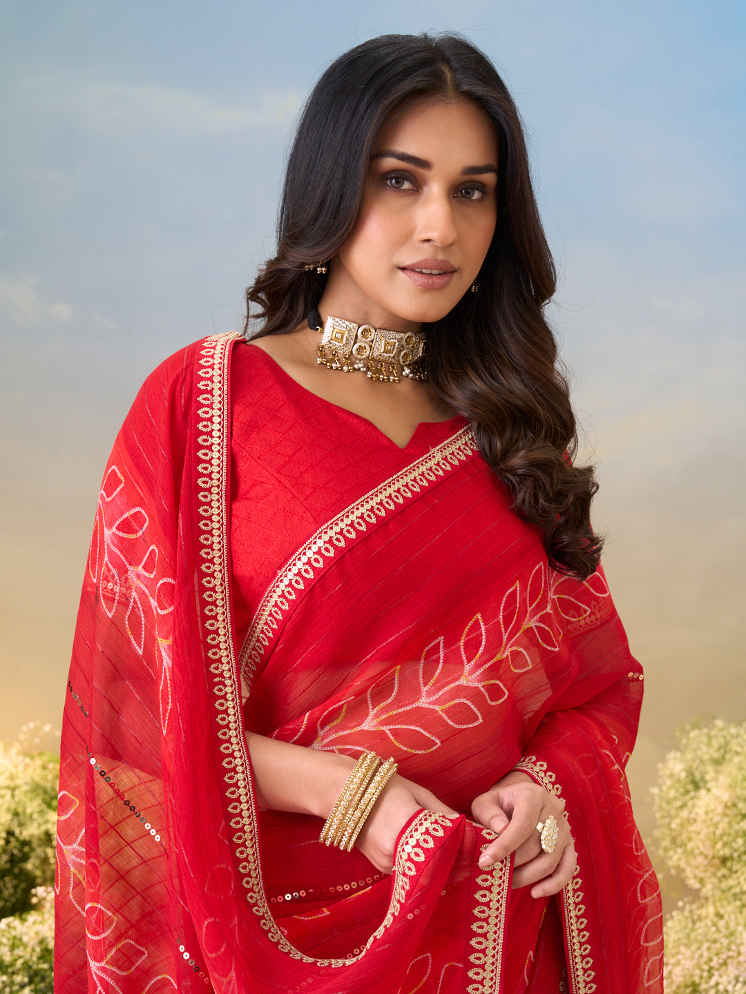 Laxmipati Anaya Red Chiffon Saree with Floral Prints