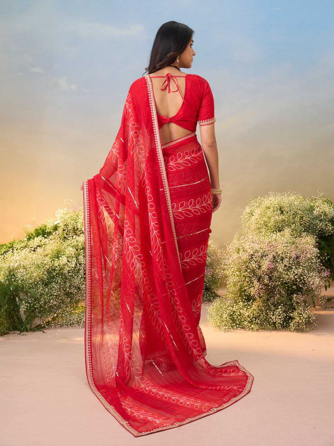 Laxmipati Anaya Red Chiffon Saree with Floral Prints