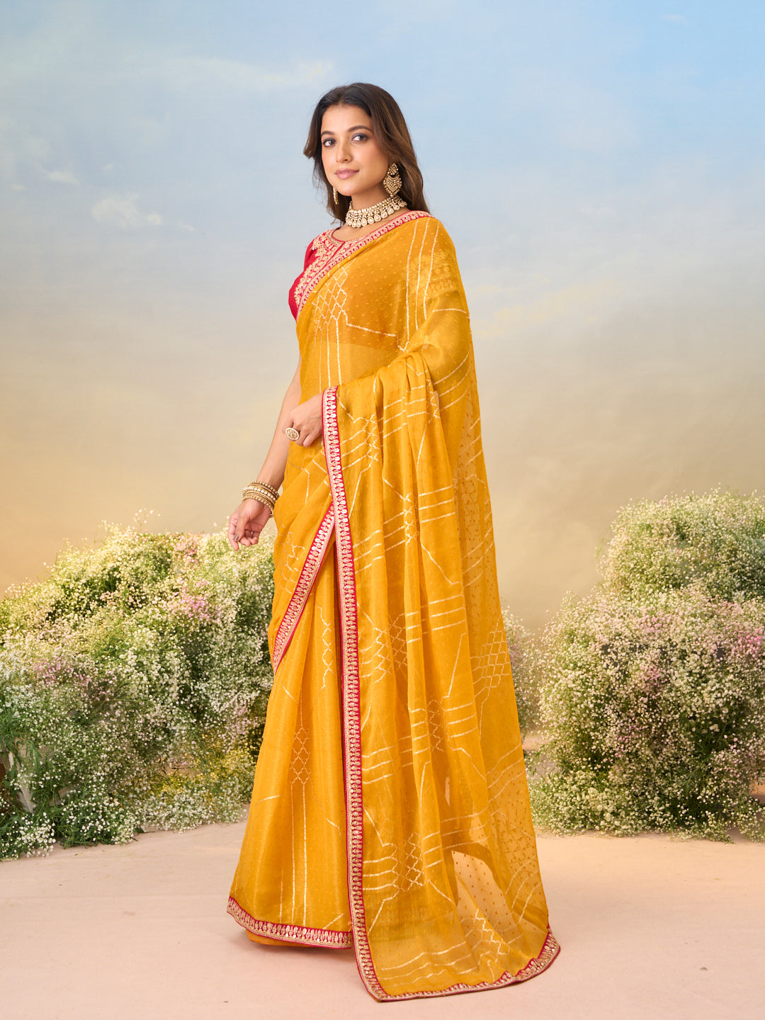 Laxmipati Anaya Mustard Chiffon Saree with Geometric Foil Work