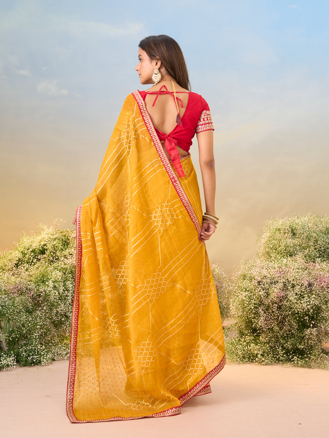 Laxmipati Anaya Mustard Chiffon Saree with Geometric Foil Work