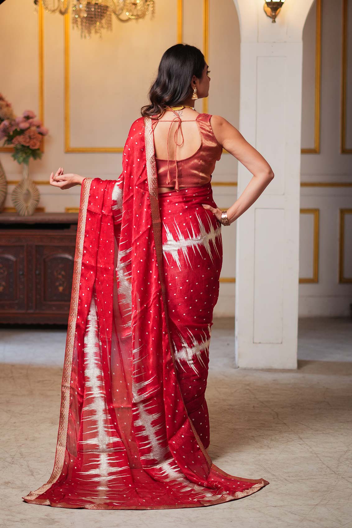 Laxmipati Anaya Maroon Silk Saree with Geometric Foil Work