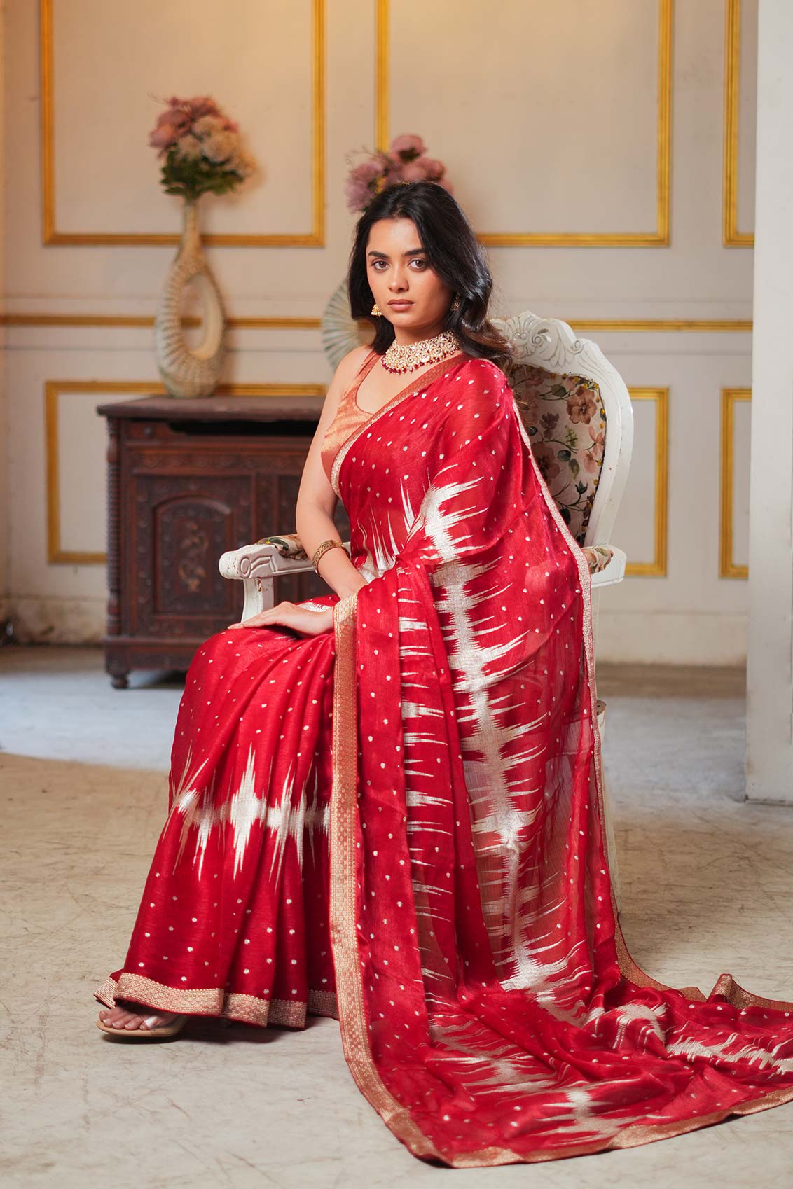 Laxmipati Anaya Maroon Silk Saree with Geometric Foil Work