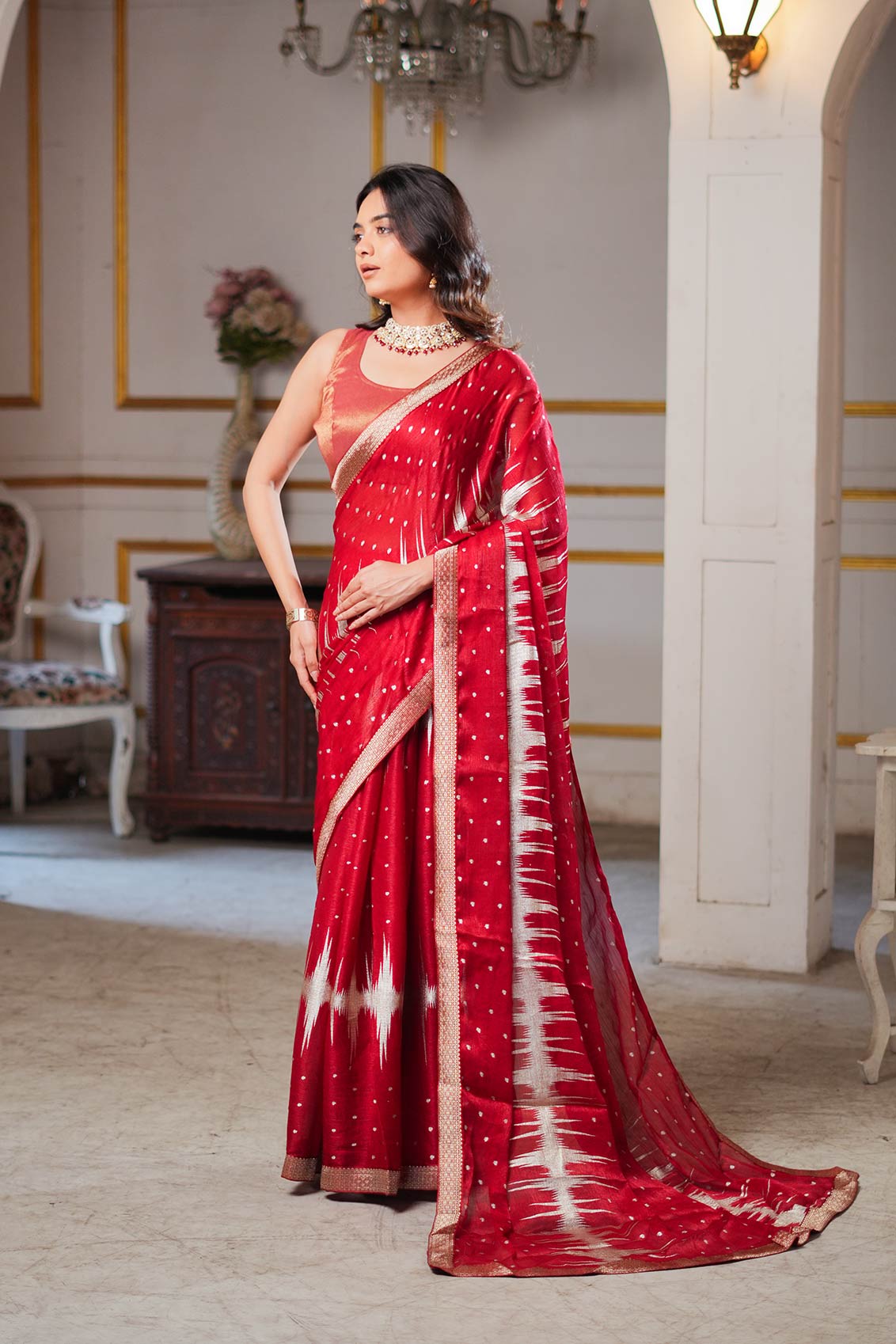 Laxmipati Anaya Maroon Silk Saree with Geometric Foil Work