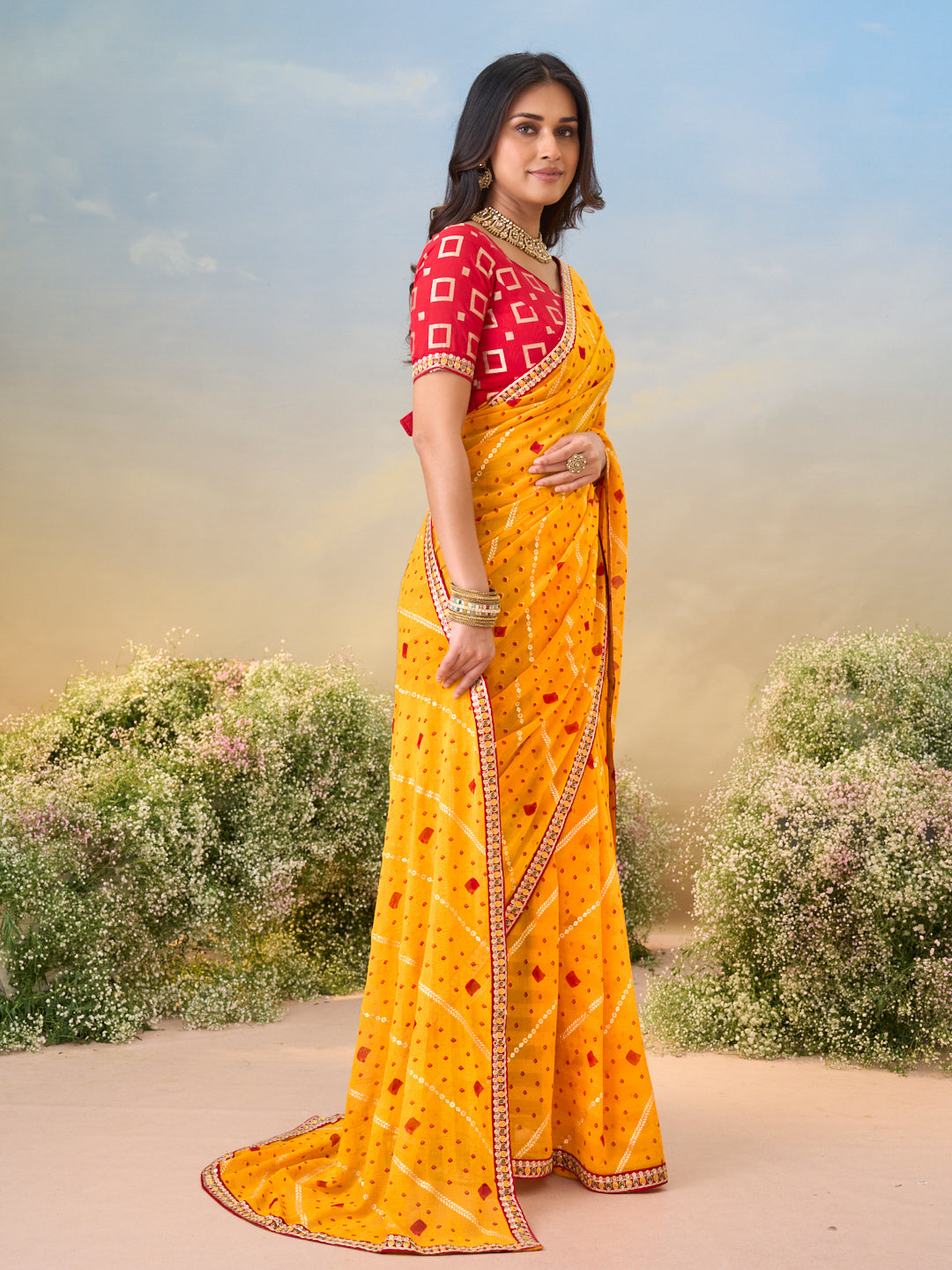 Laxmipati Anaya Mustard Georgette Saree with Bandhani Print