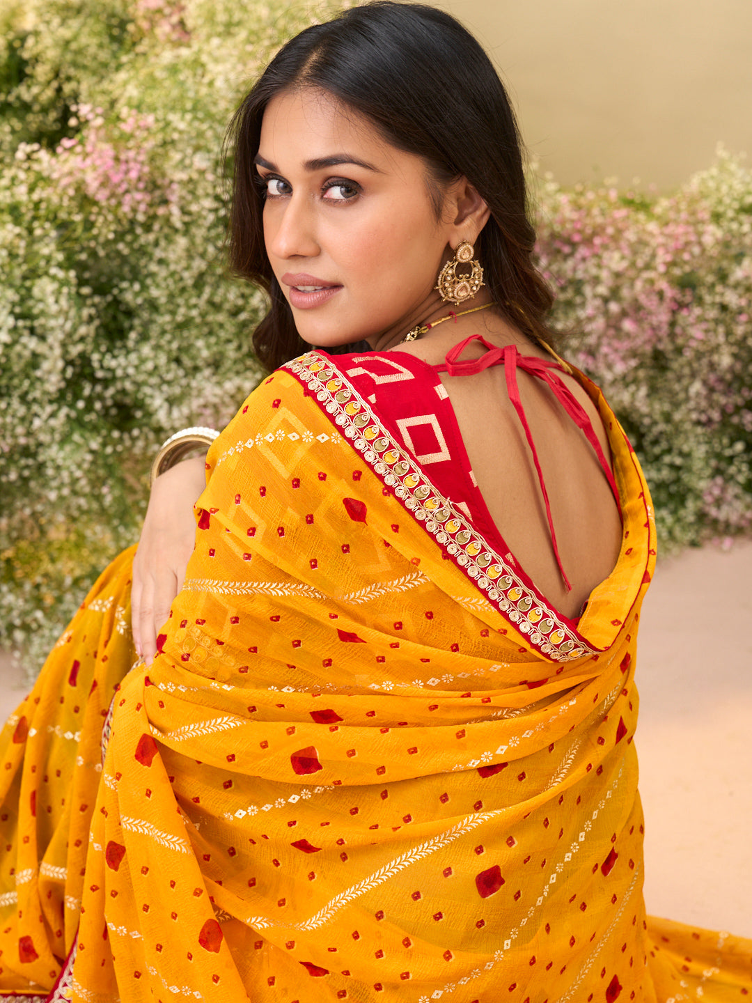 Laxmipati Anaya Mustard Georgette Saree with Bandhani Print