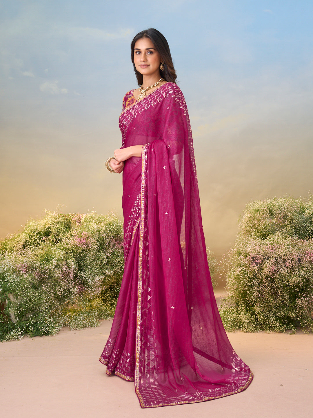 Laxmipati Anaya Wine Geometric Foil Work Chiffon Saree