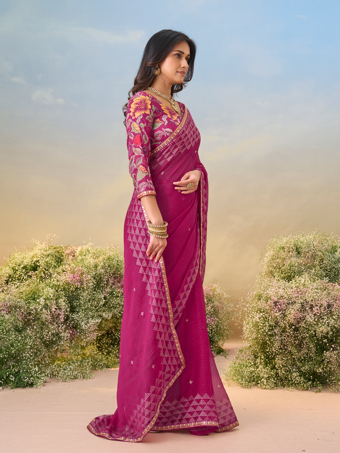 Laxmipati Anaya Wine Geometric Foil Work Chiffon Saree