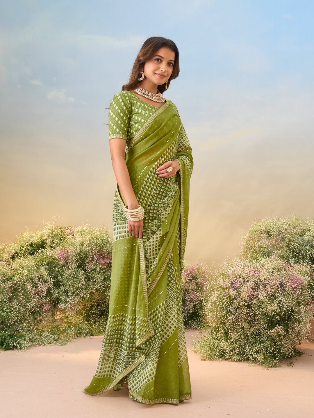 Laxmipati Anaya Green Chiffon Saree with Geometric Prints