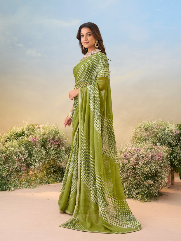 Laxmipati Anaya Green Chiffon Saree with Geometric Prints