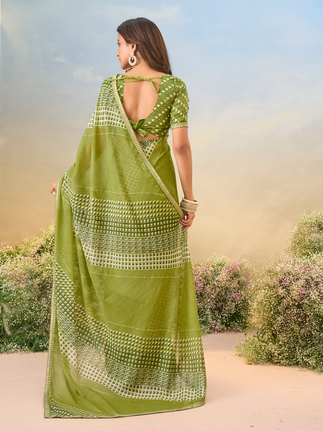 Laxmipati Anaya Green Chiffon Saree with Geometric Prints