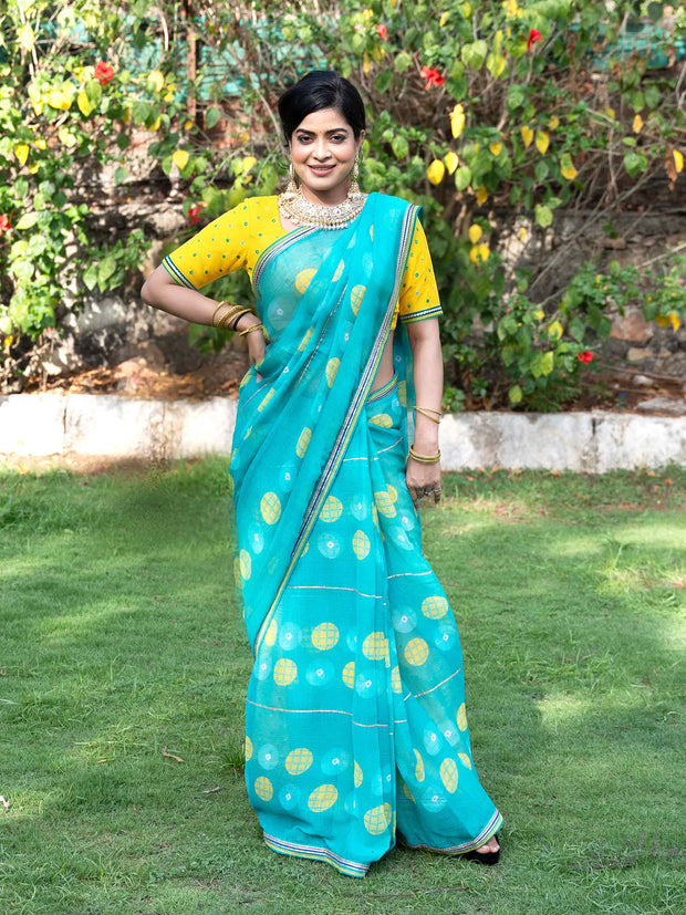 Teal Green tie-dye printed chiffon saree daily wear 