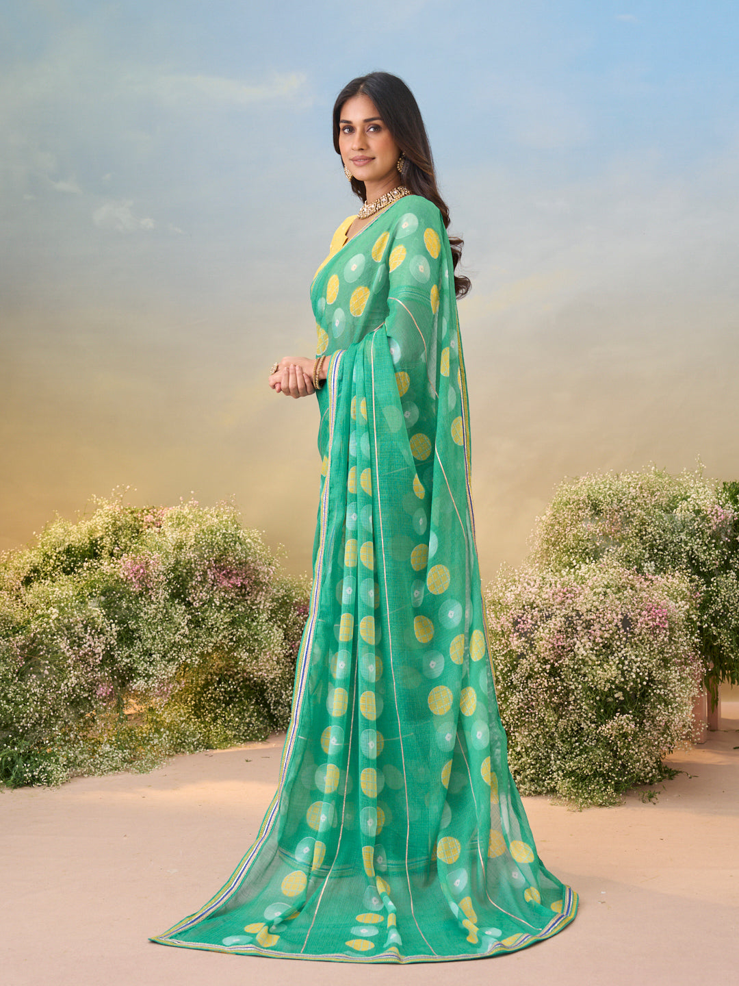Laxmipati Anaya Teal Green Chiffon Saree with Geometric Prints