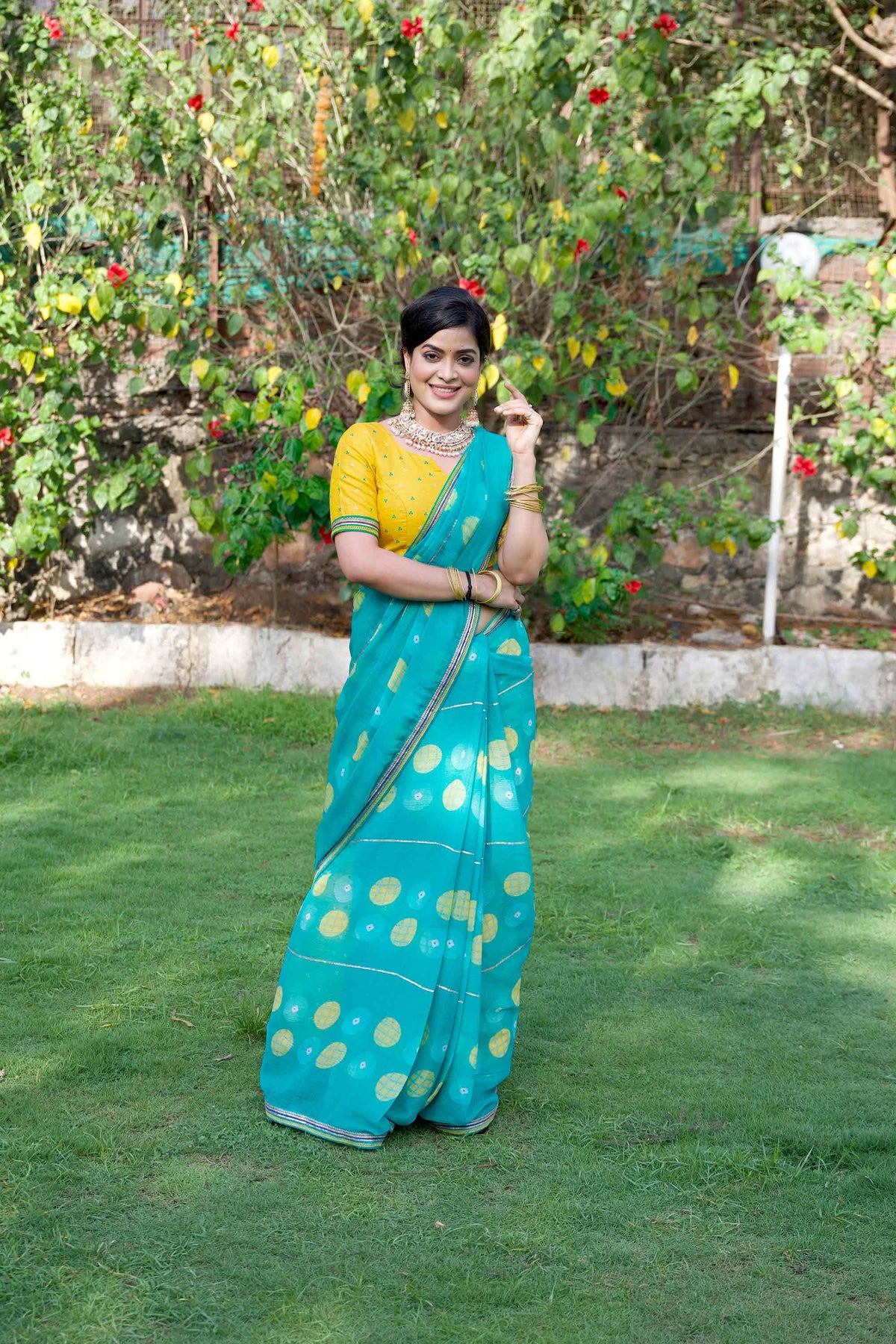 Teal Green polka dot printed chiffon saree casual wear 