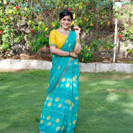 Teal Green polka dot printed chiffon saree casual wear 