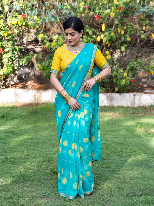 Teal Green printed chiffon saree party wear 