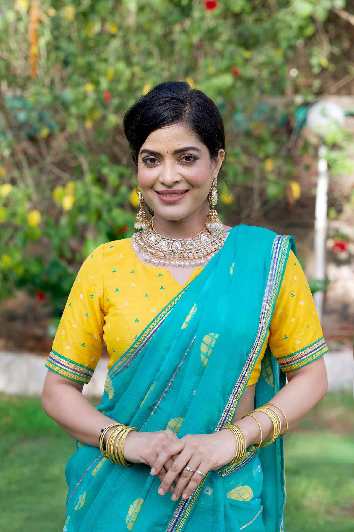 Teal Green geometric printed chiffon saree festive wear