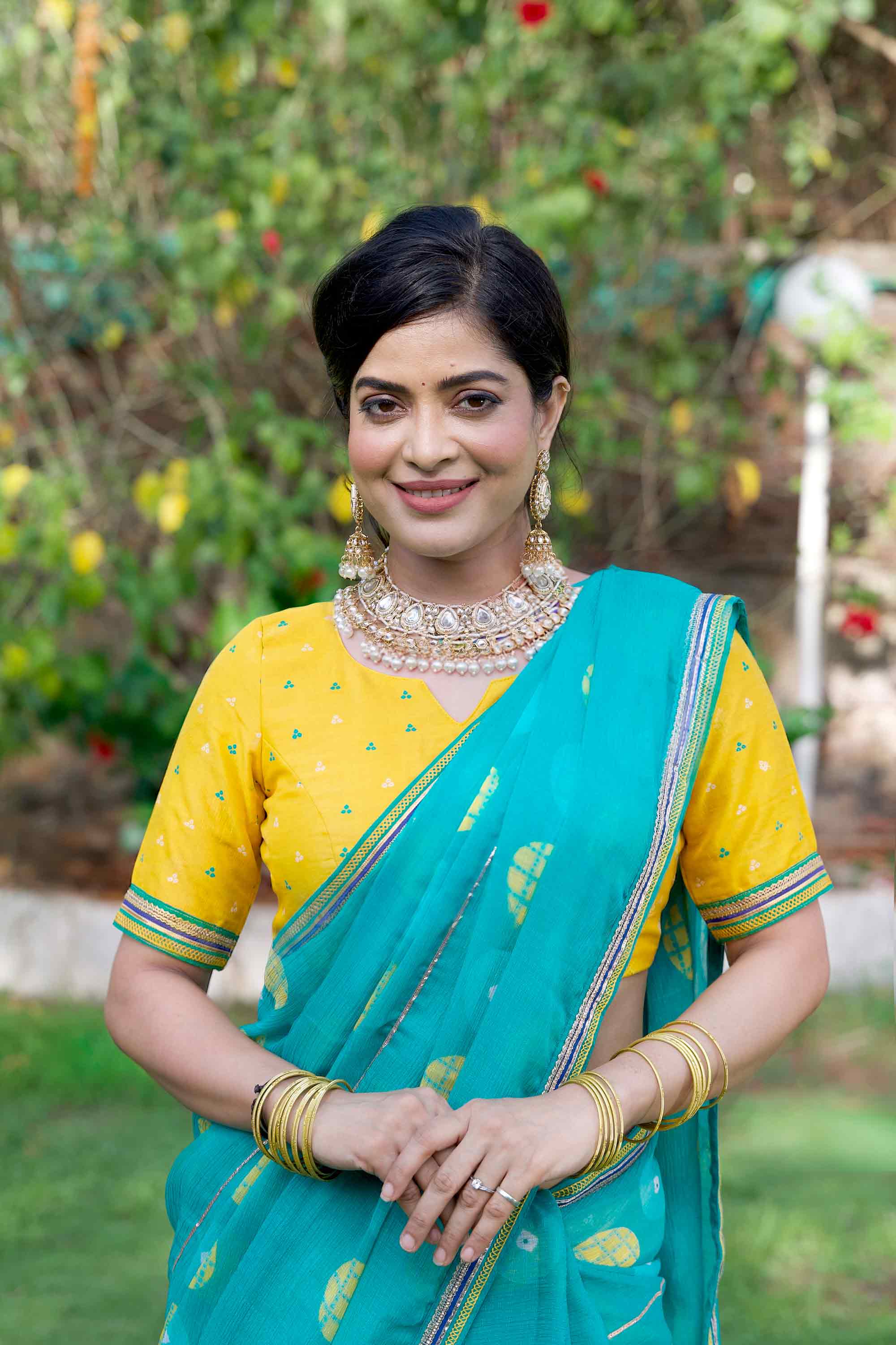 Teal Green geometric printed chiffon saree festive wear