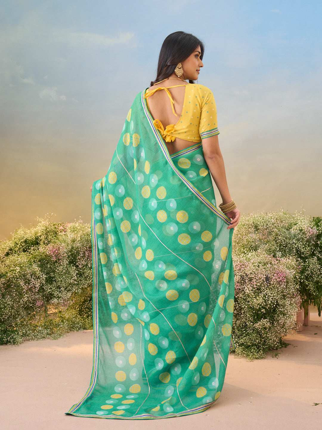 Laxmipati Anaya Teal Green Chiffon Saree with Geometric Prints