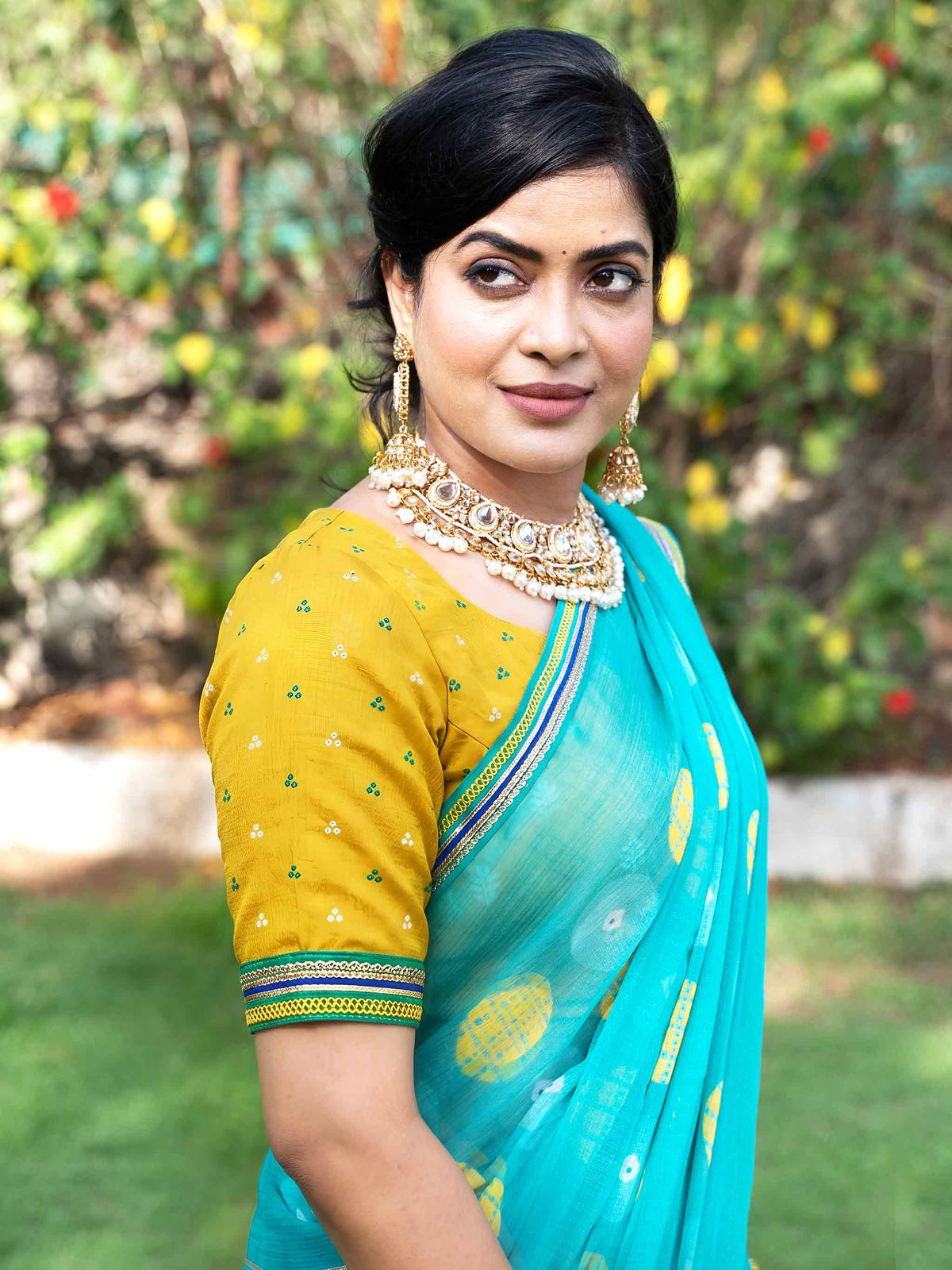 Teal Green bandhani printed chiffon saree festive wear