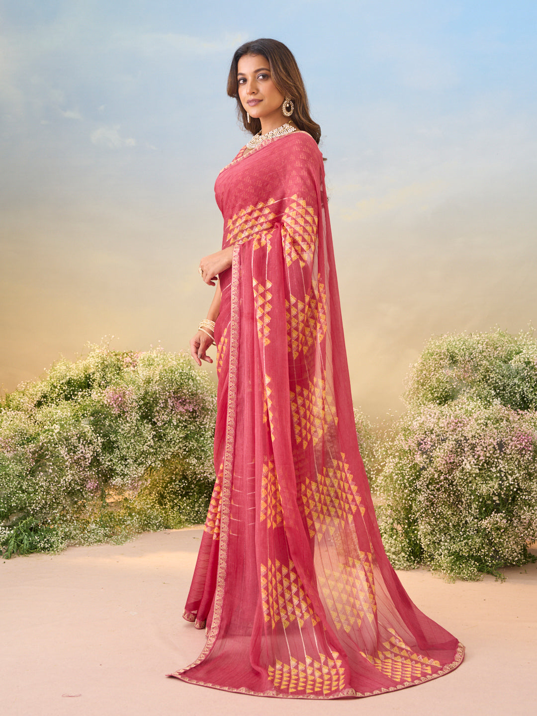 Laxmipati Anaya Pink Chiffon Saree with Geometric Prints