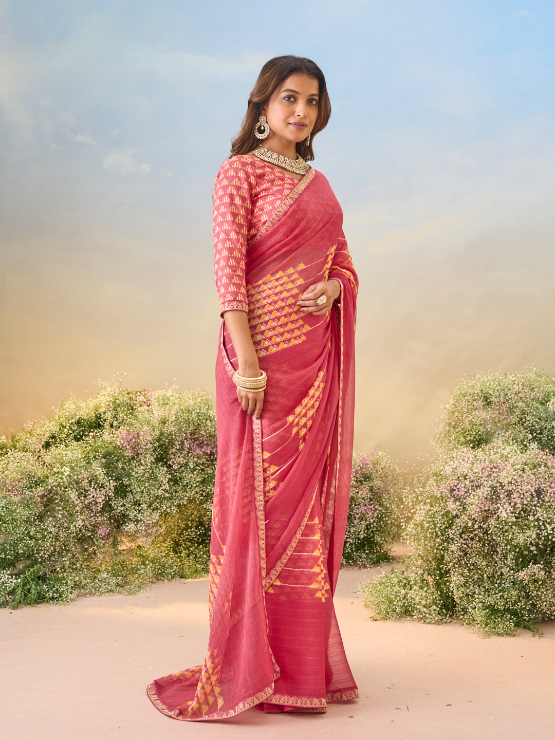 Laxmipati Anaya Pink Chiffon Saree with Geometric Prints