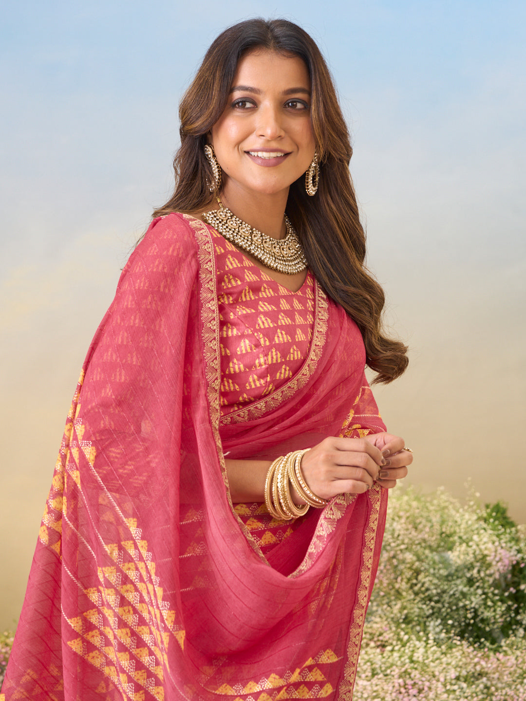 Laxmipati Anaya Pink Chiffon Saree with Geometric Prints