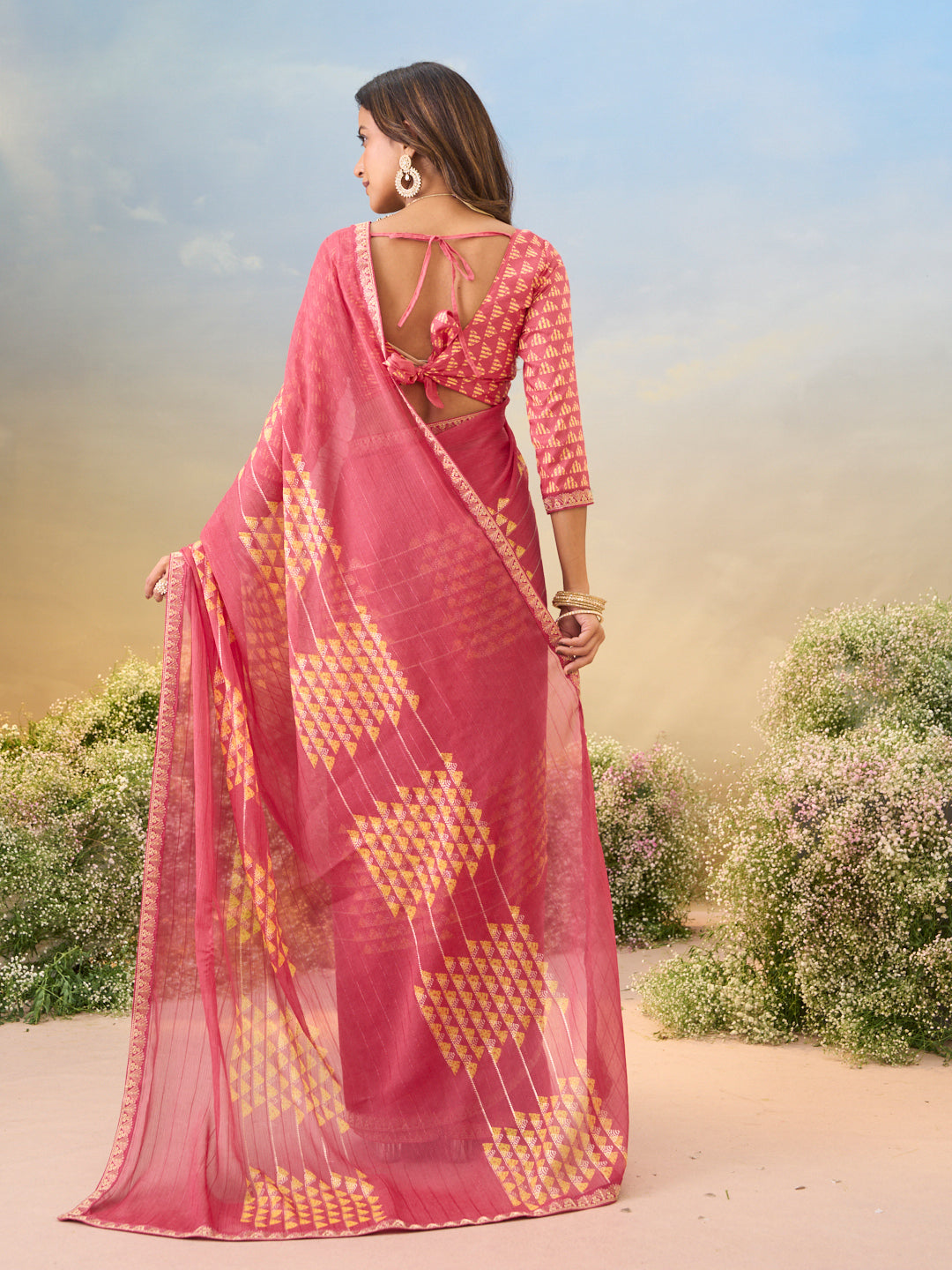 Laxmipati Anaya Pink Chiffon Saree with Geometric Prints