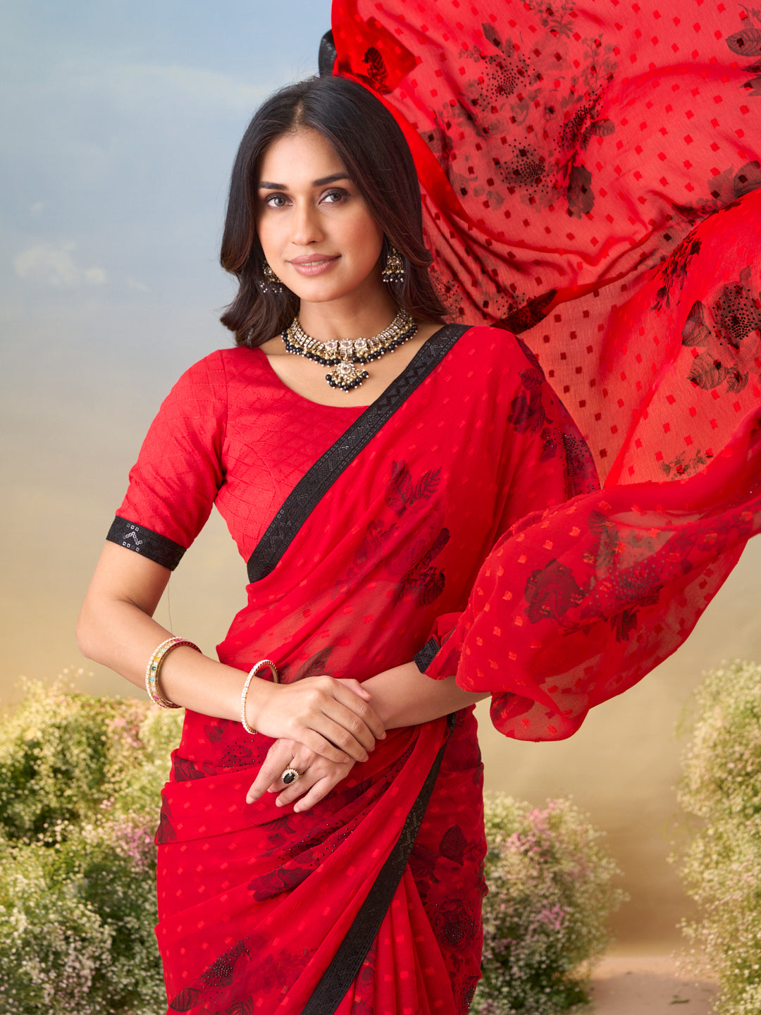 Laxmipati Anaya Red Georgette Saree with Floral Prints