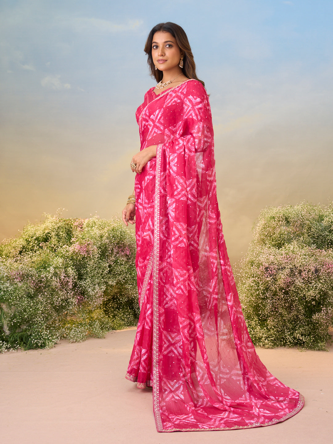 Laxmipati Anaya Pink Chiffon Saree with Geometric Prints