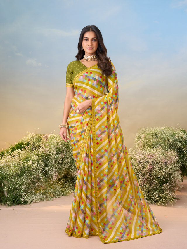 Laxmipati Anaya Mustard Georgette Saree with Checkered Prints