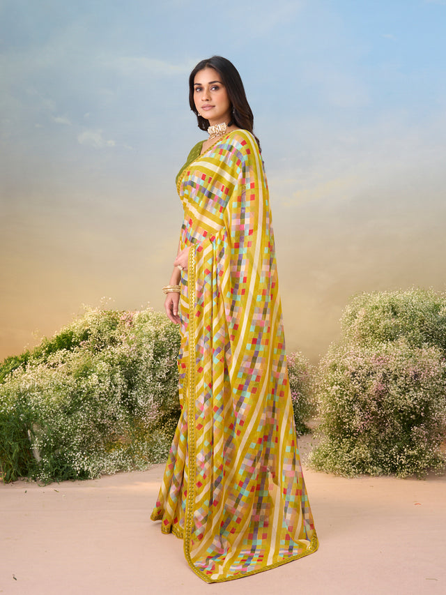 Laxmipati Anaya Mustard Georgette Saree with Checkered Prints