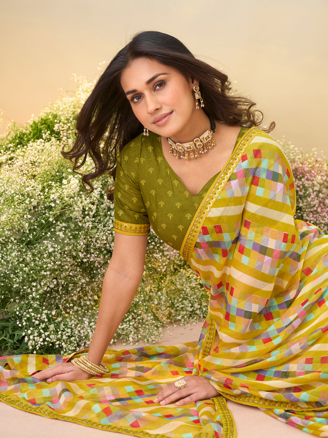 Laxmipati Anaya Mustard Georgette Saree with Checkered Prints
