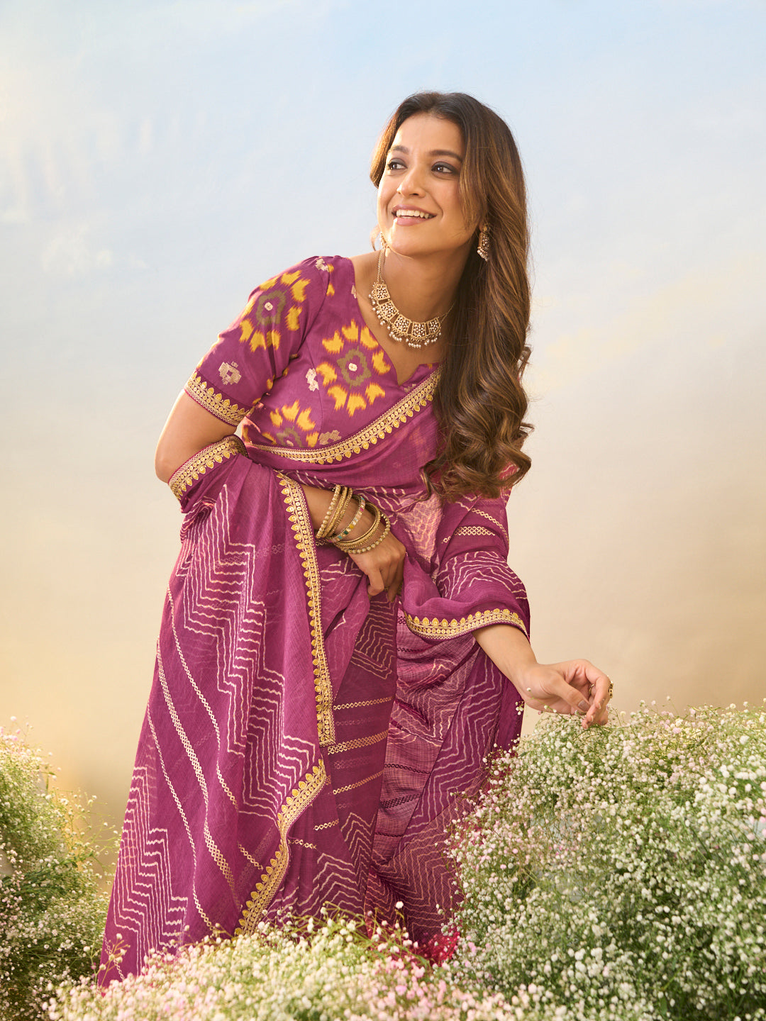 Laxmipati Anaya Wine Chiffon Saree with Chevron Prints