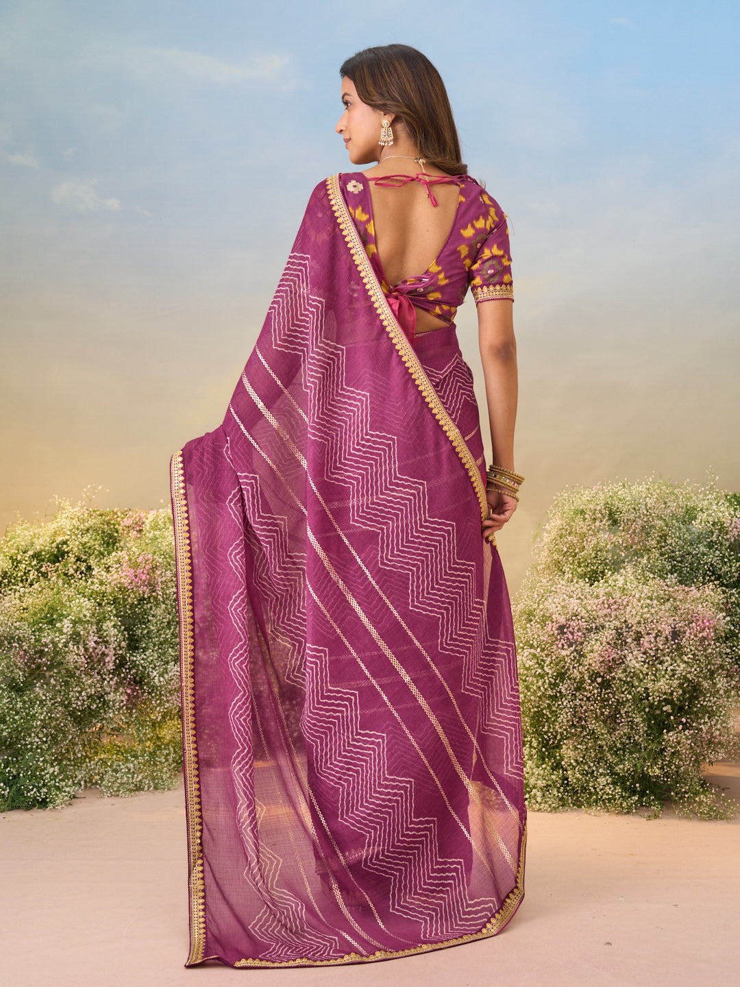 Laxmipati Anaya Wine Chiffon Saree with Chevron Prints