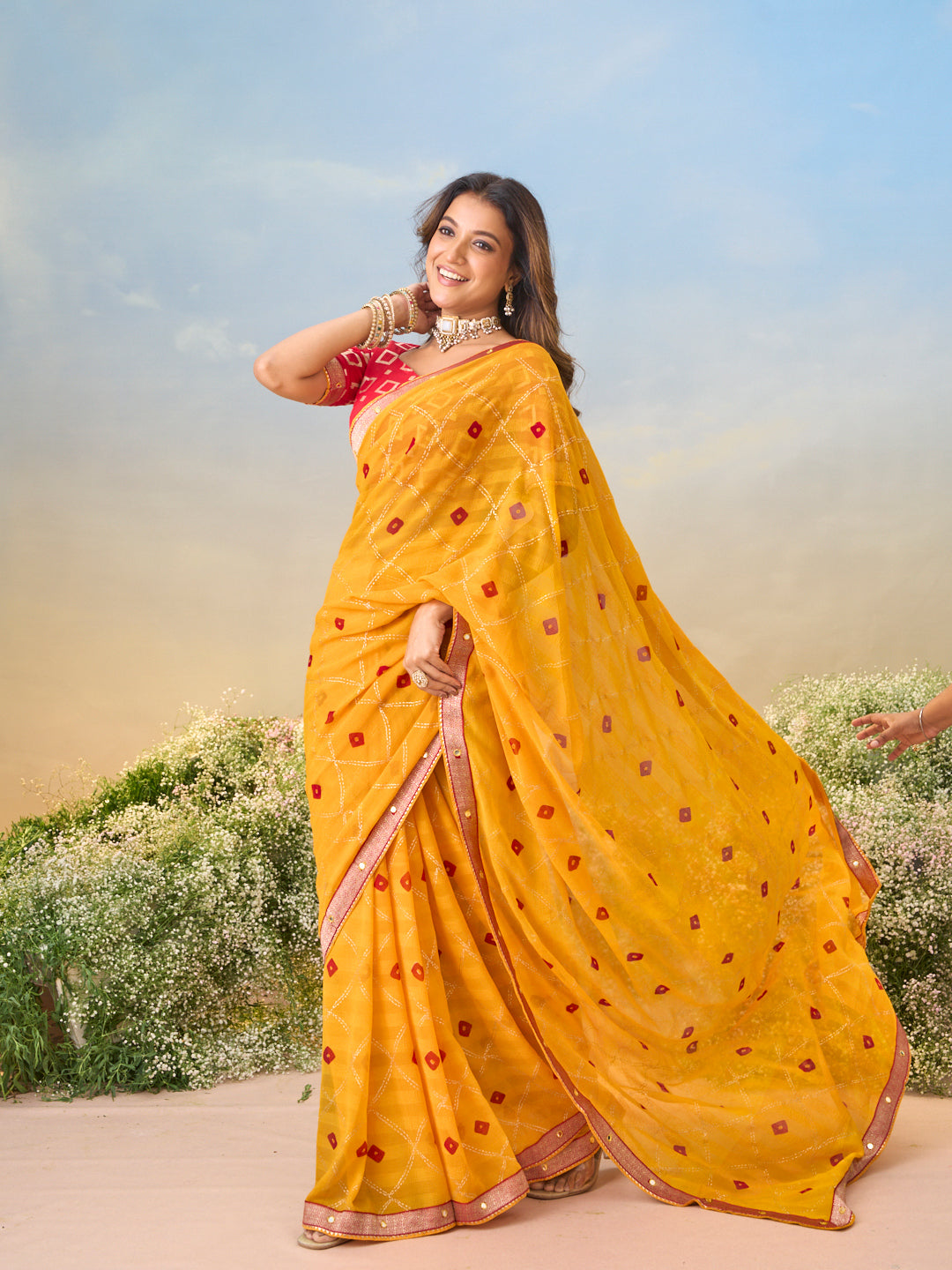 Laxmipati Anaya Mustard Georgette Saree with Bandhani Print