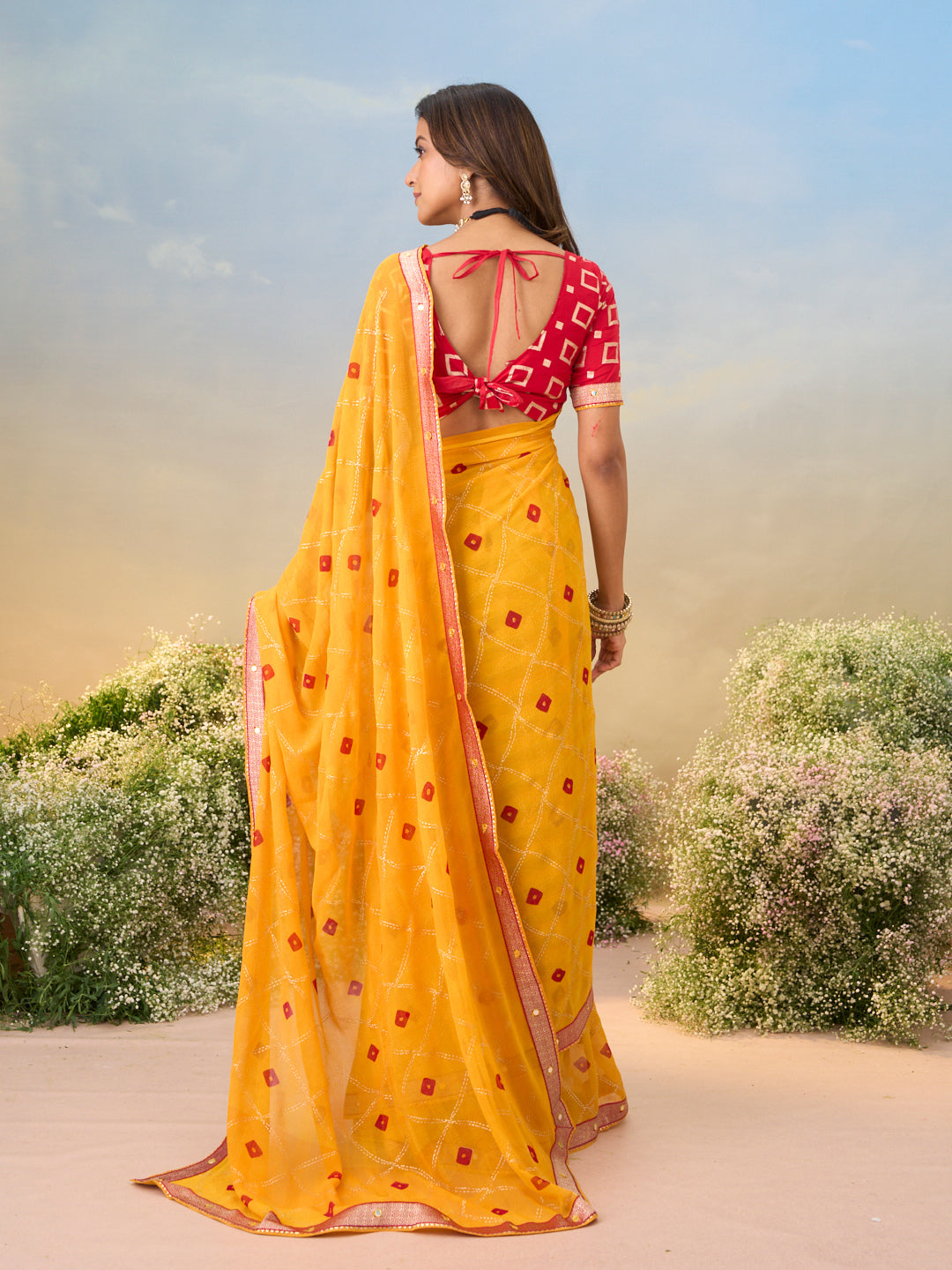 Laxmipati Anaya Mustard Georgette Saree with Bandhani Print
