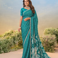 Laxmipati Anaya Teal Blue Chiffon Saree with Bandhani Prints
