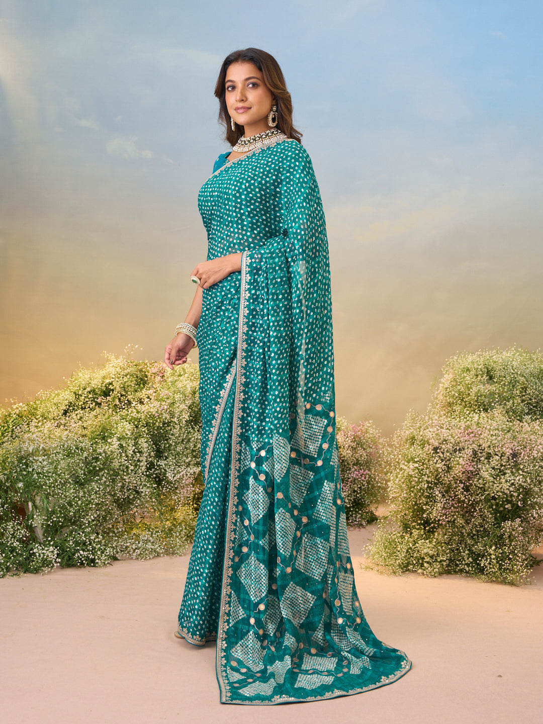 Laxmipati Anaya Teal Blue Chiffon Saree with Bandhani Prints