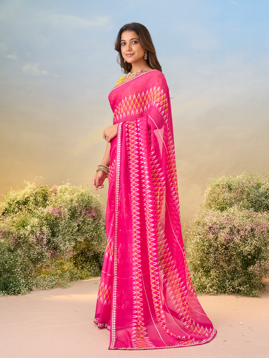 Laxmipati Anaya Pink Chiffon Saree in Ikkat Prints