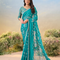 Laxmipati Anaya Teal Blue Chiffon Saree with Floral Prints