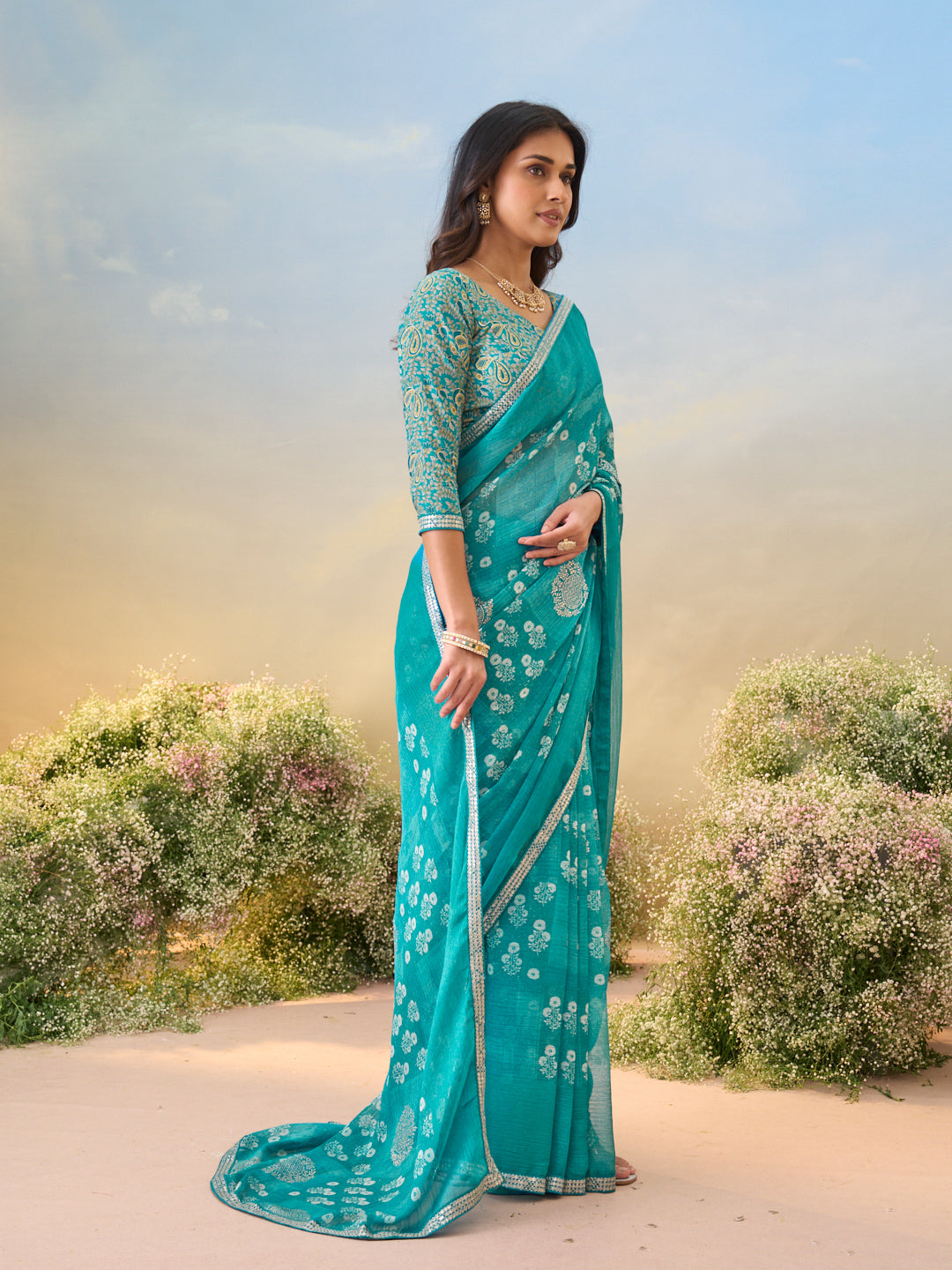 Laxmipati Anaya Teal Blue Chiffon Saree with Floral Prints