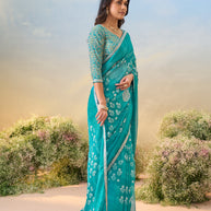 Laxmipati Anaya Teal Blue Chiffon Saree with Floral Prints