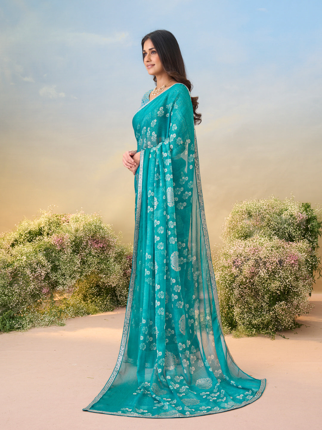 Laxmipati Anaya Teal Blue Chiffon Saree with Floral Prints