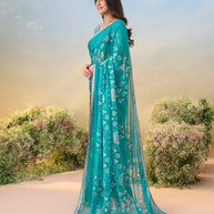 Laxmipati Anaya Teal Blue Chiffon Saree with Floral Prints