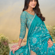 Laxmipati Anaya Teal Blue Chiffon Saree with Floral Prints